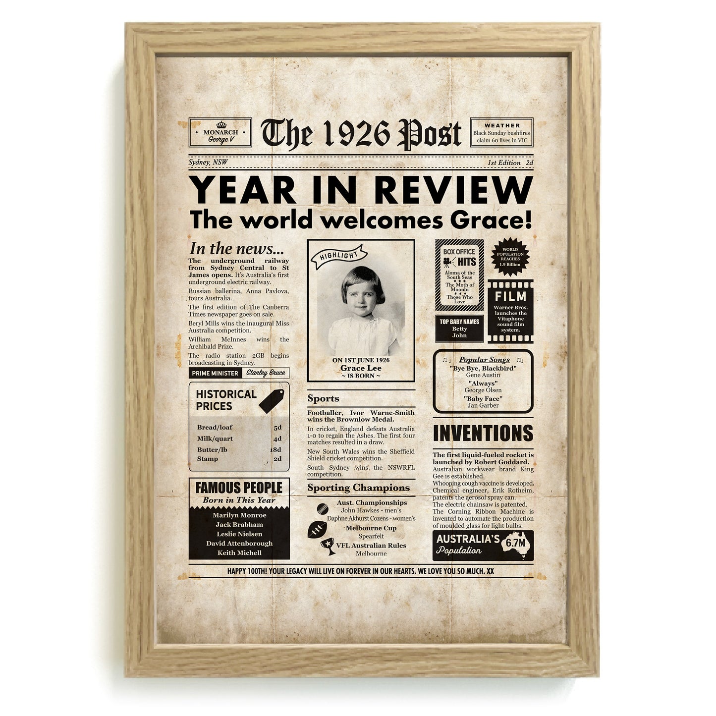 Personalised newspaper poster by Milestones Studio celebrating the year of birth, displayed in a wooden frame.
