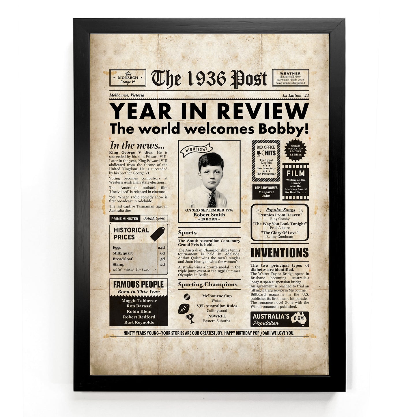 Framed 90th birthday newspaper print by Milestones Studio, featuring a black frame and vintage newspaper design.