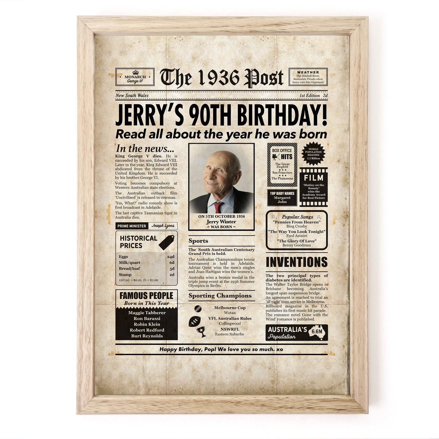 90th Birthday Colour Newspaper Framed Print