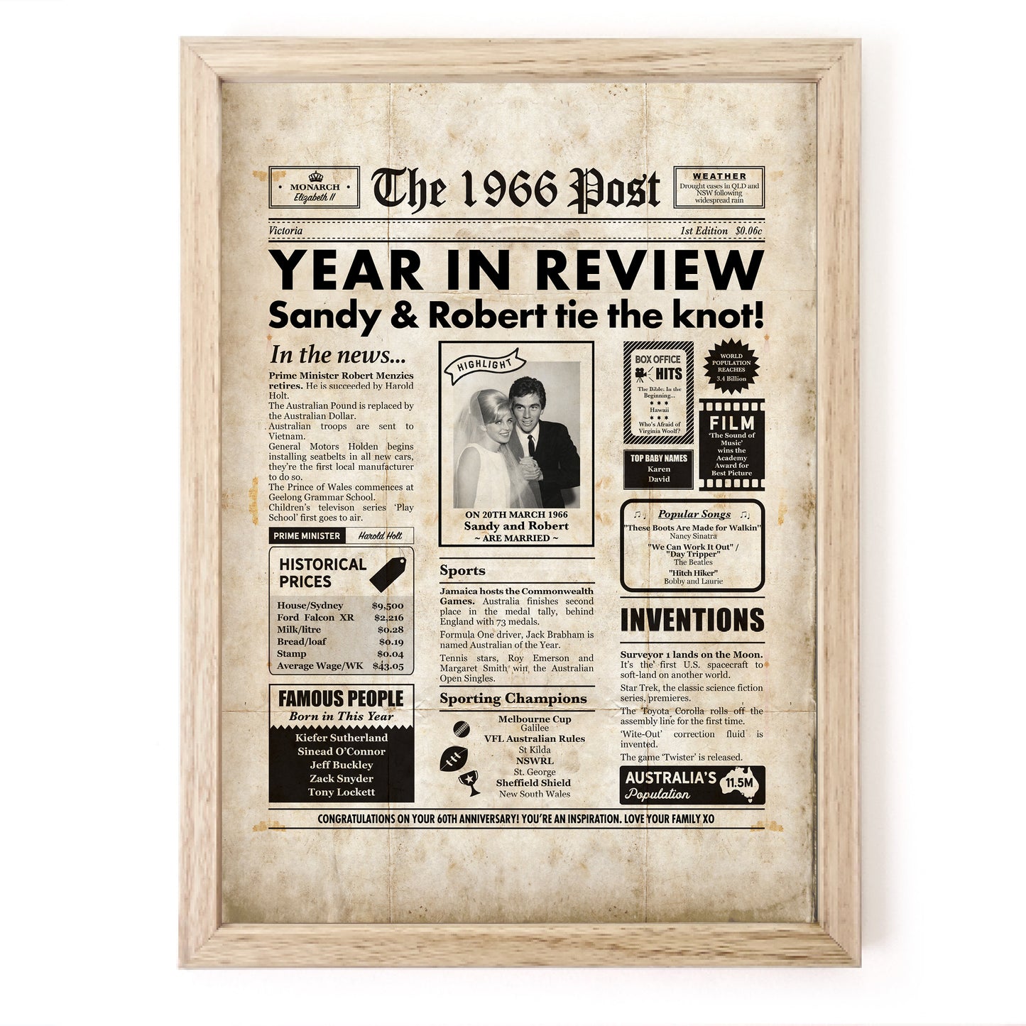 60th Anniversary newspaper framed print by Milestones Studio, with a distressed finish, celebrating 1966 events in a wooden frame.