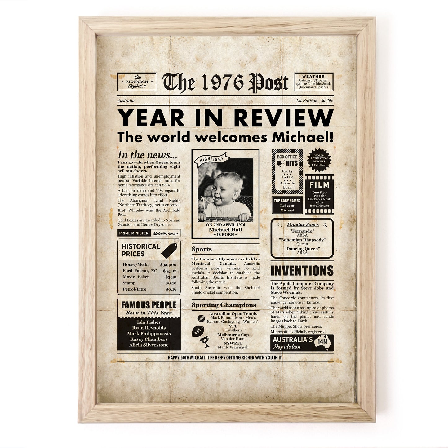 Framed newspaper print for a 50th birthday celebration with vintage style and customizable details.