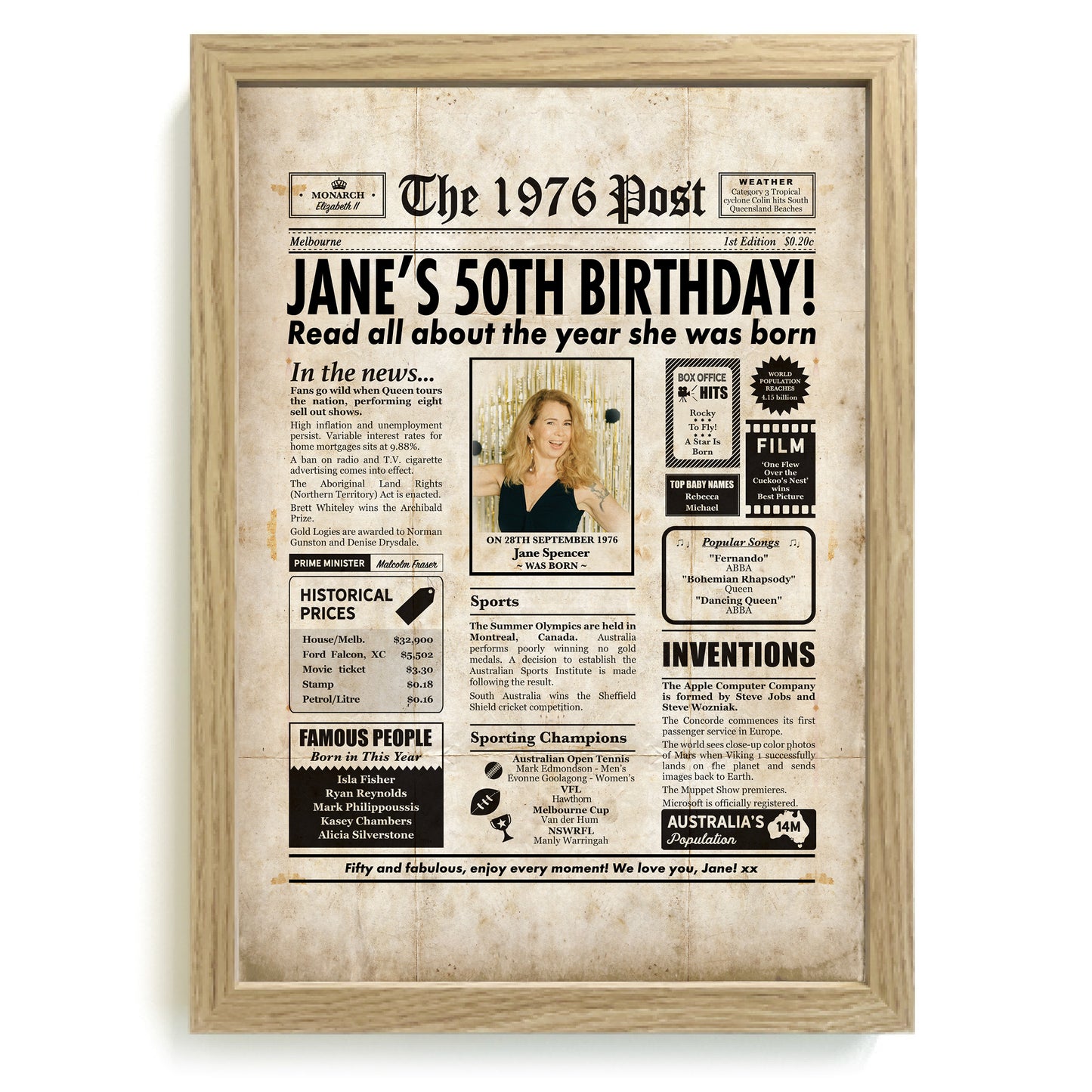 50th birthday newspaper framed print titleed The 1976 Post, presented in a light wood frame by Milestones Studio