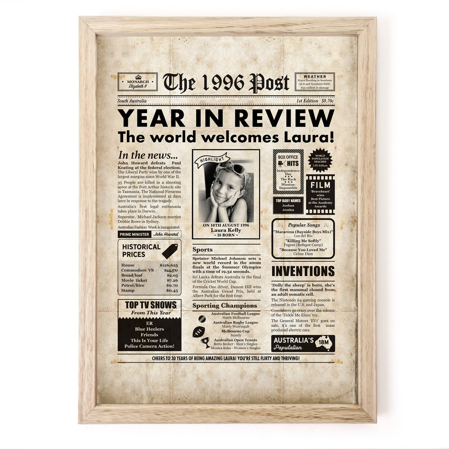 30th Birthday Newspaper Framed Print