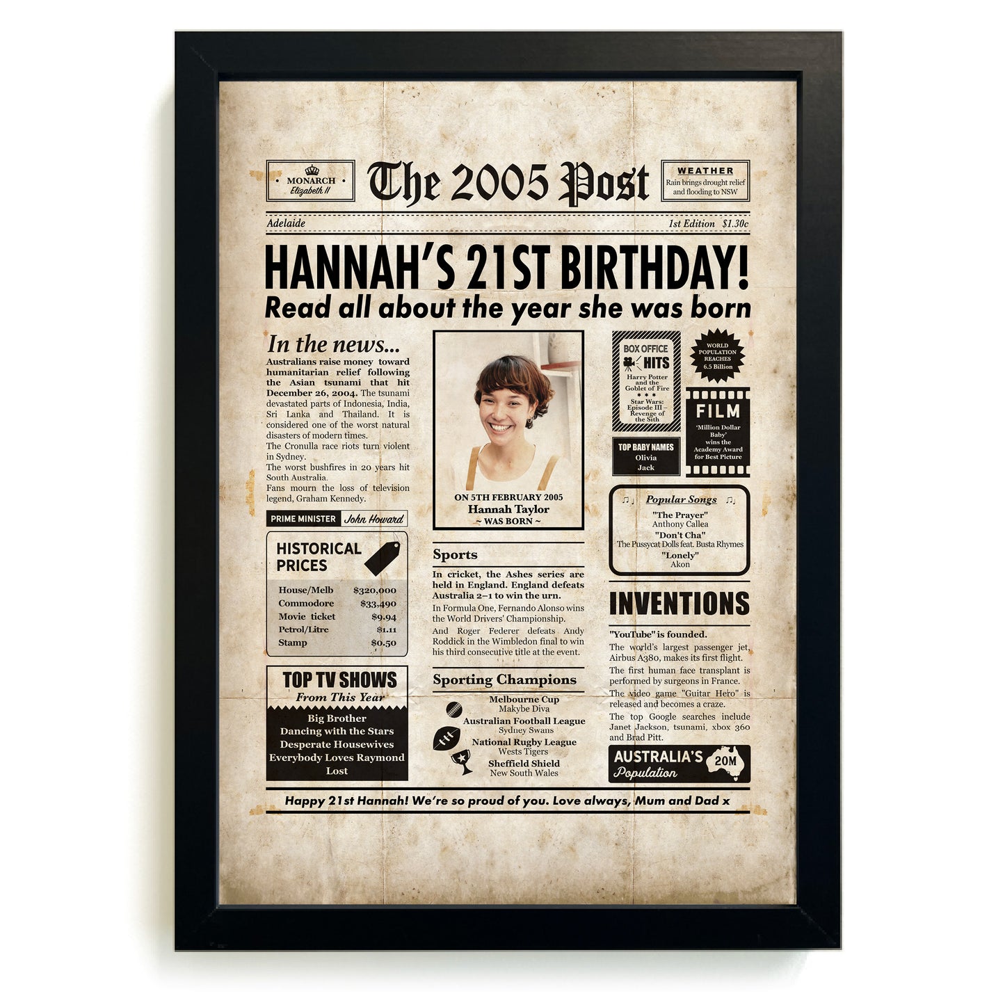 Framed 21st birthday newspaper print with a black frame.