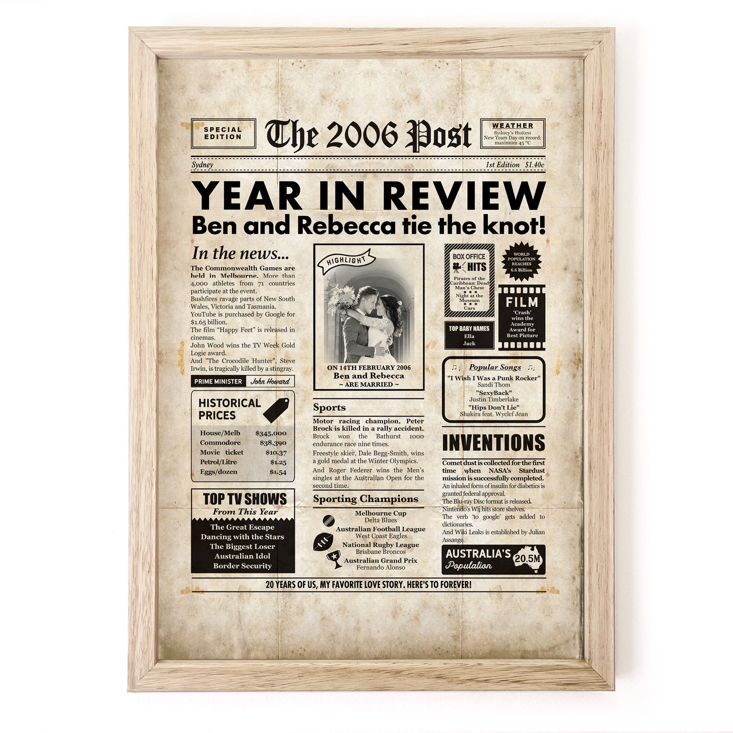 20th Anniversary Newspaper Framed Print