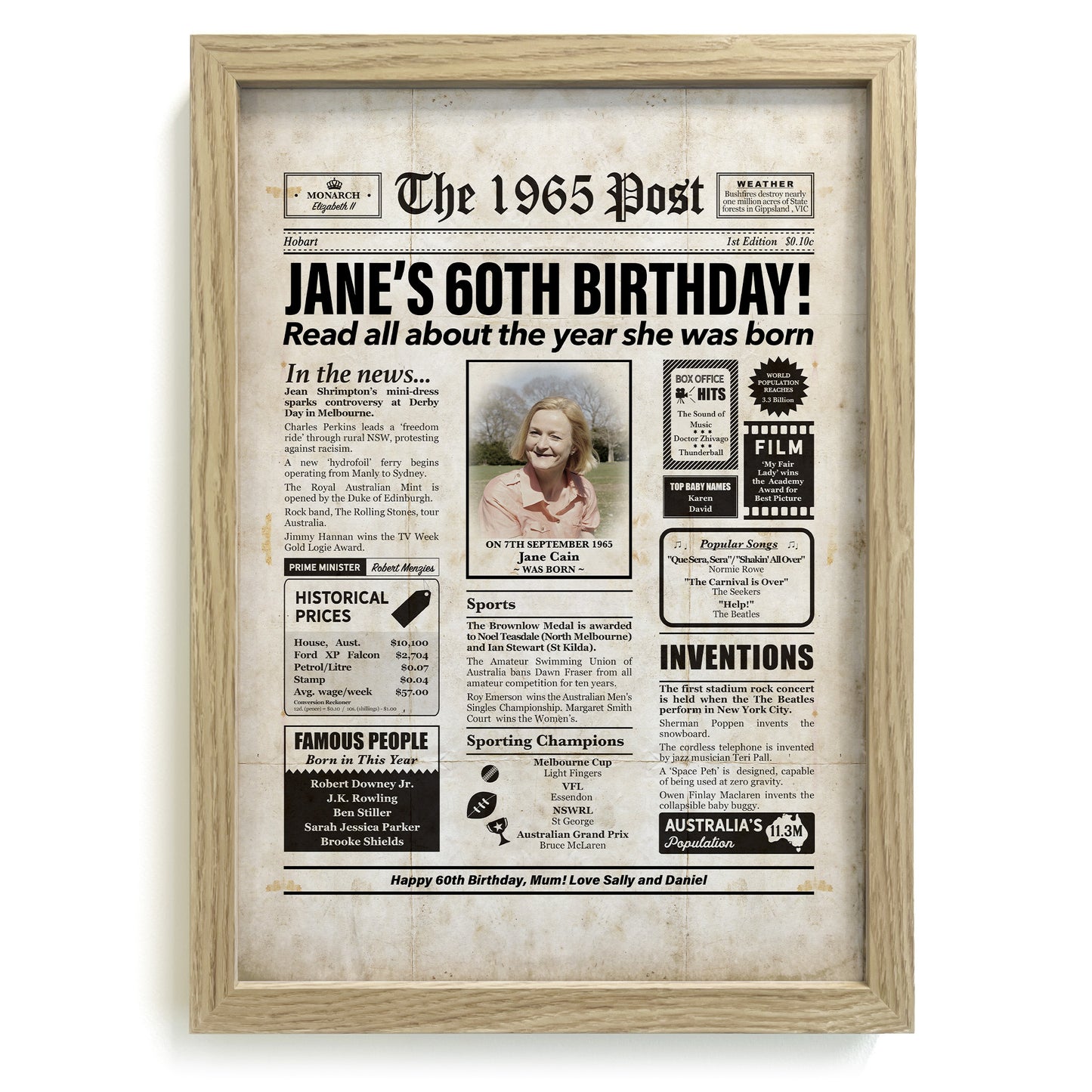 Framed 1965 60th Birthday Personalised Newspaper Gift with Australian Facts