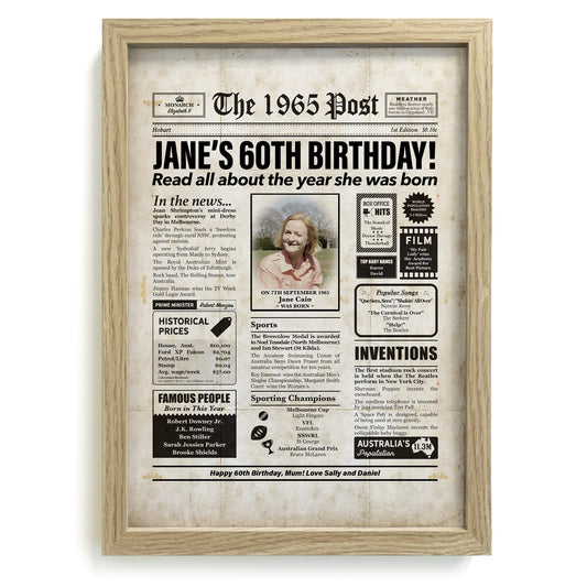 Framed 1965 60th Birthday Personalised Newspaper Gift with Australian Facts