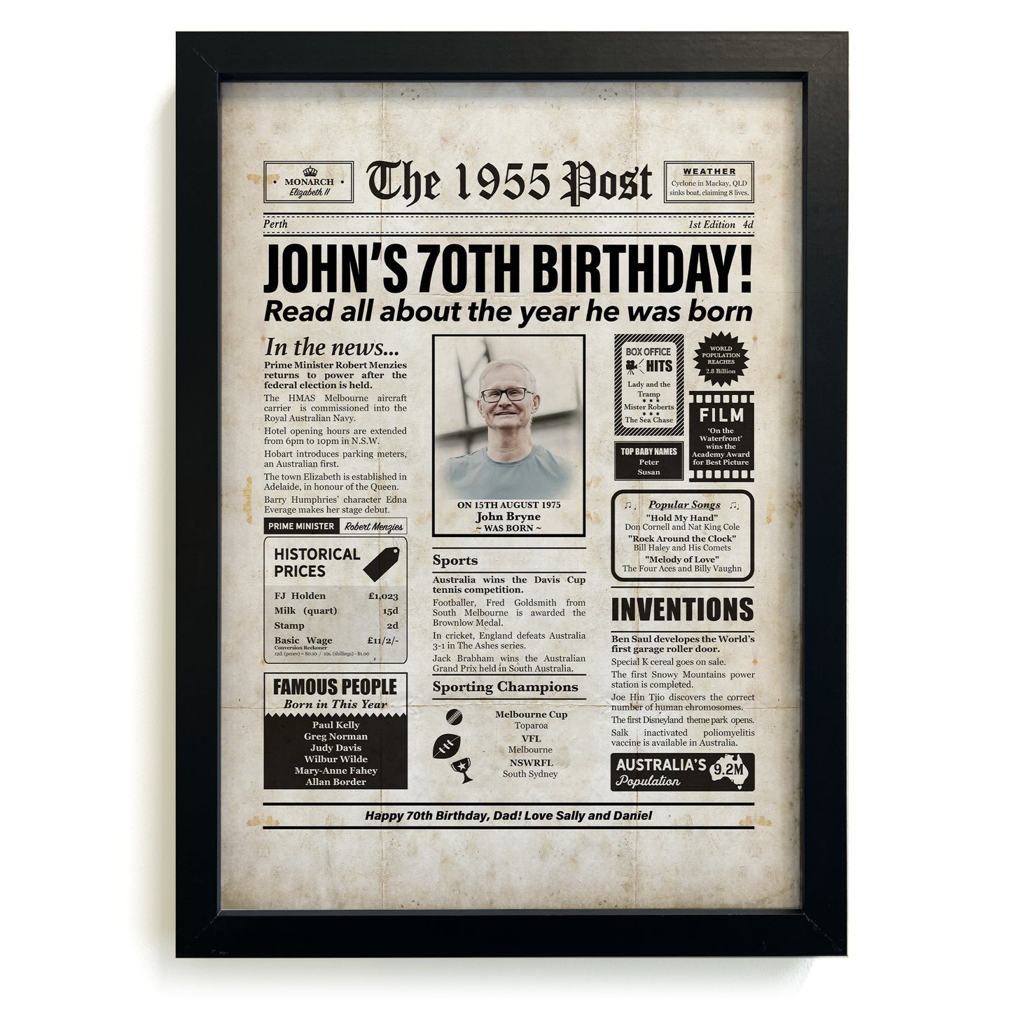 Framed 1955 70th Birthday Personalised Newspaper Gift with Australian Facts