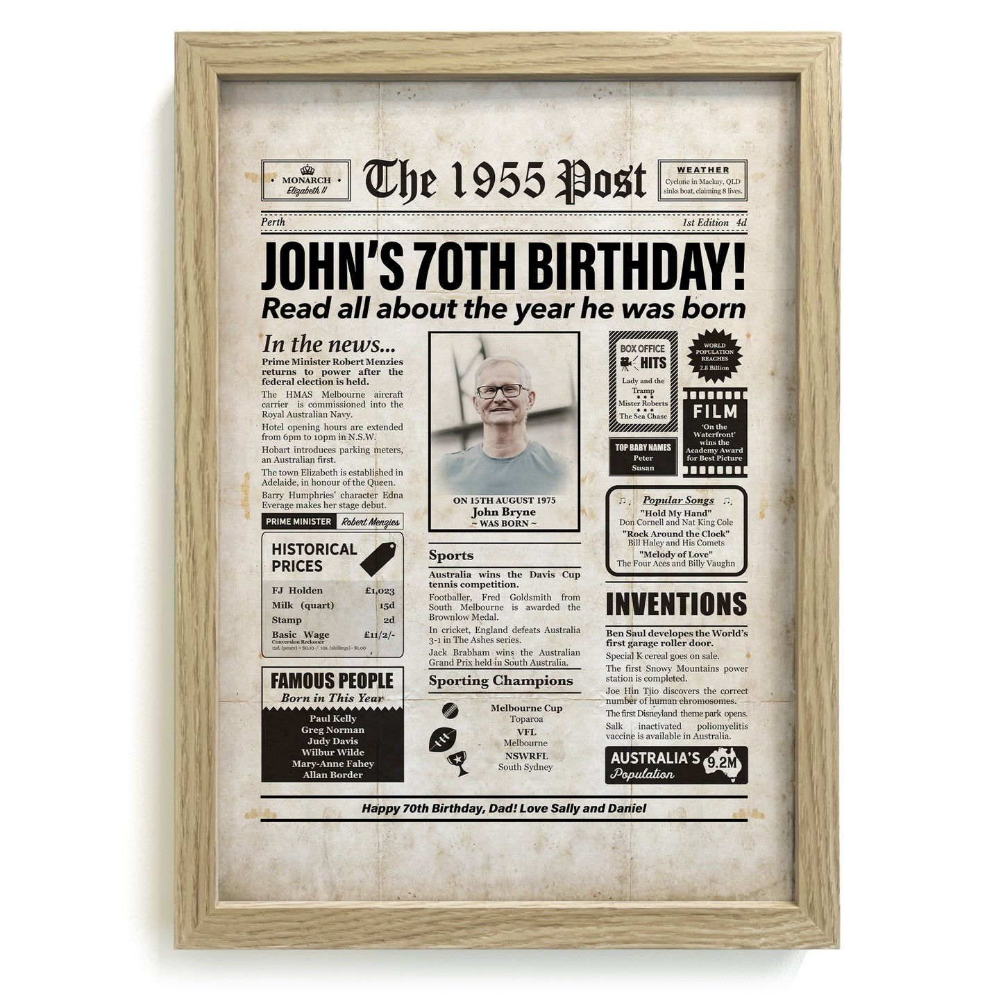Framed 1955 70th Birthday Personalised Newspaper Gift with Australian Facts