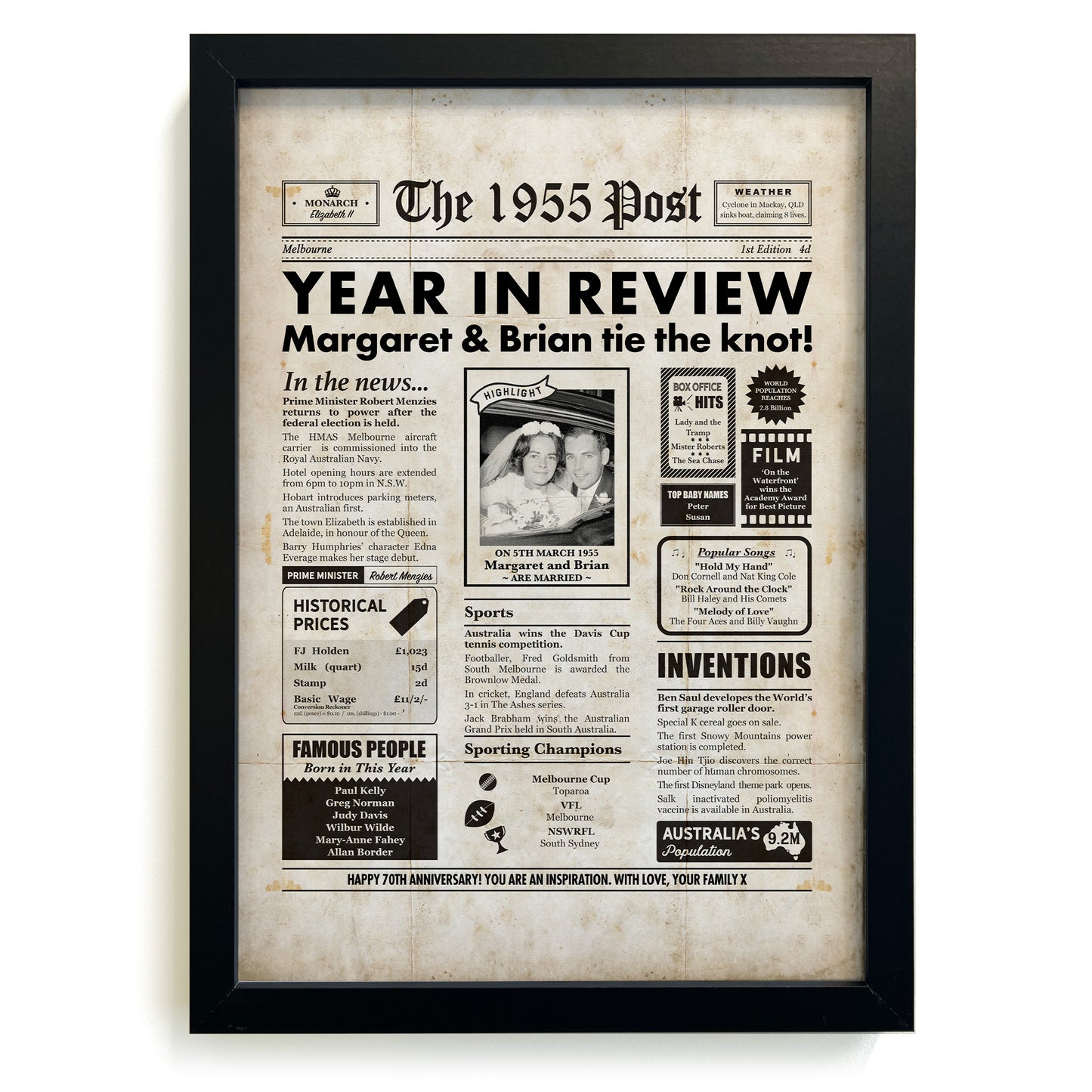Framed 1955 70th Wedding Anniversary Personalised Newspaper Gift with Australian Facts