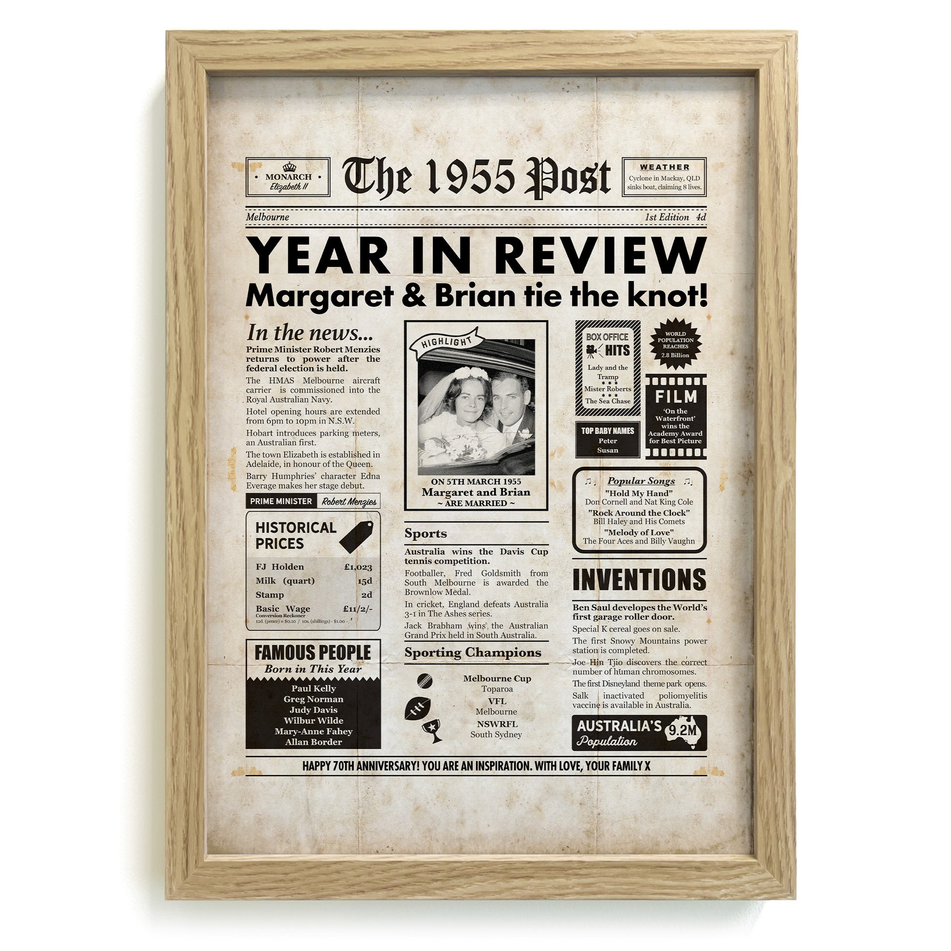 Framed 1955 50th Wedding Anniversary Personalised Newspaper Gift with Australian Facts