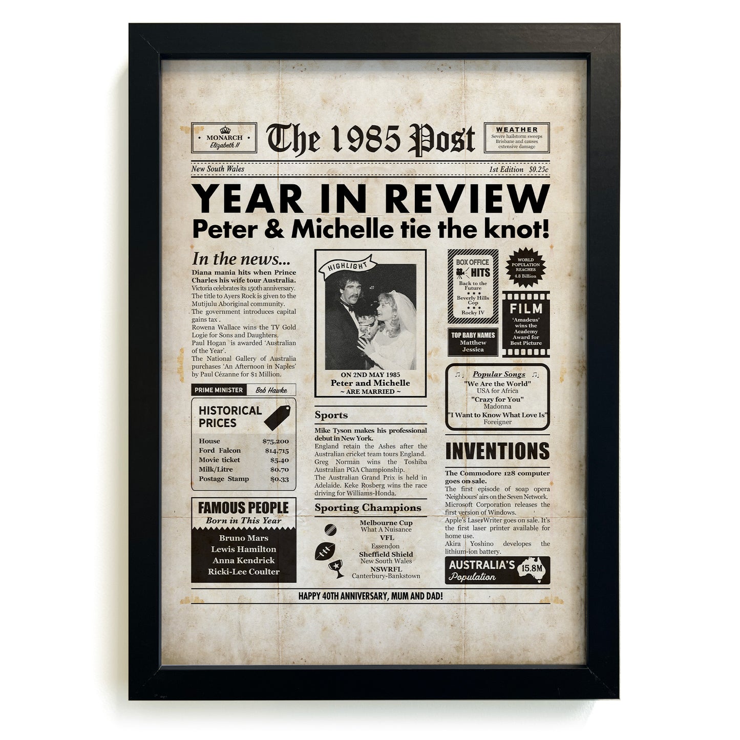 40th wedding anniversary personalised newspaper gift in black frame