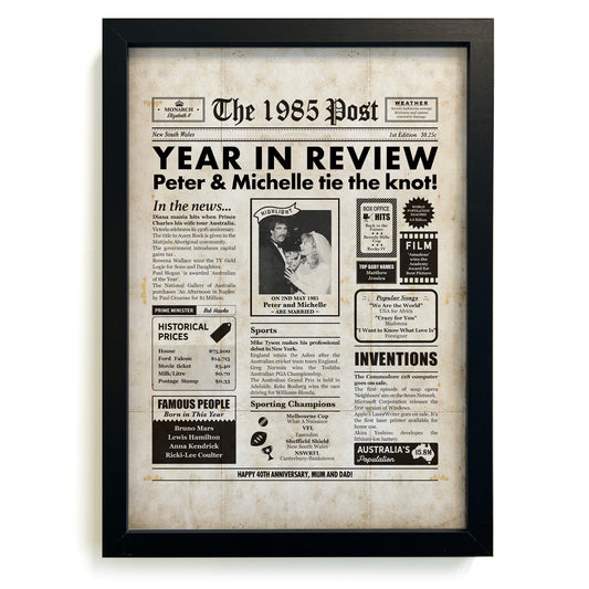 40th wedding anniversary personalised newspaper gift in black frame