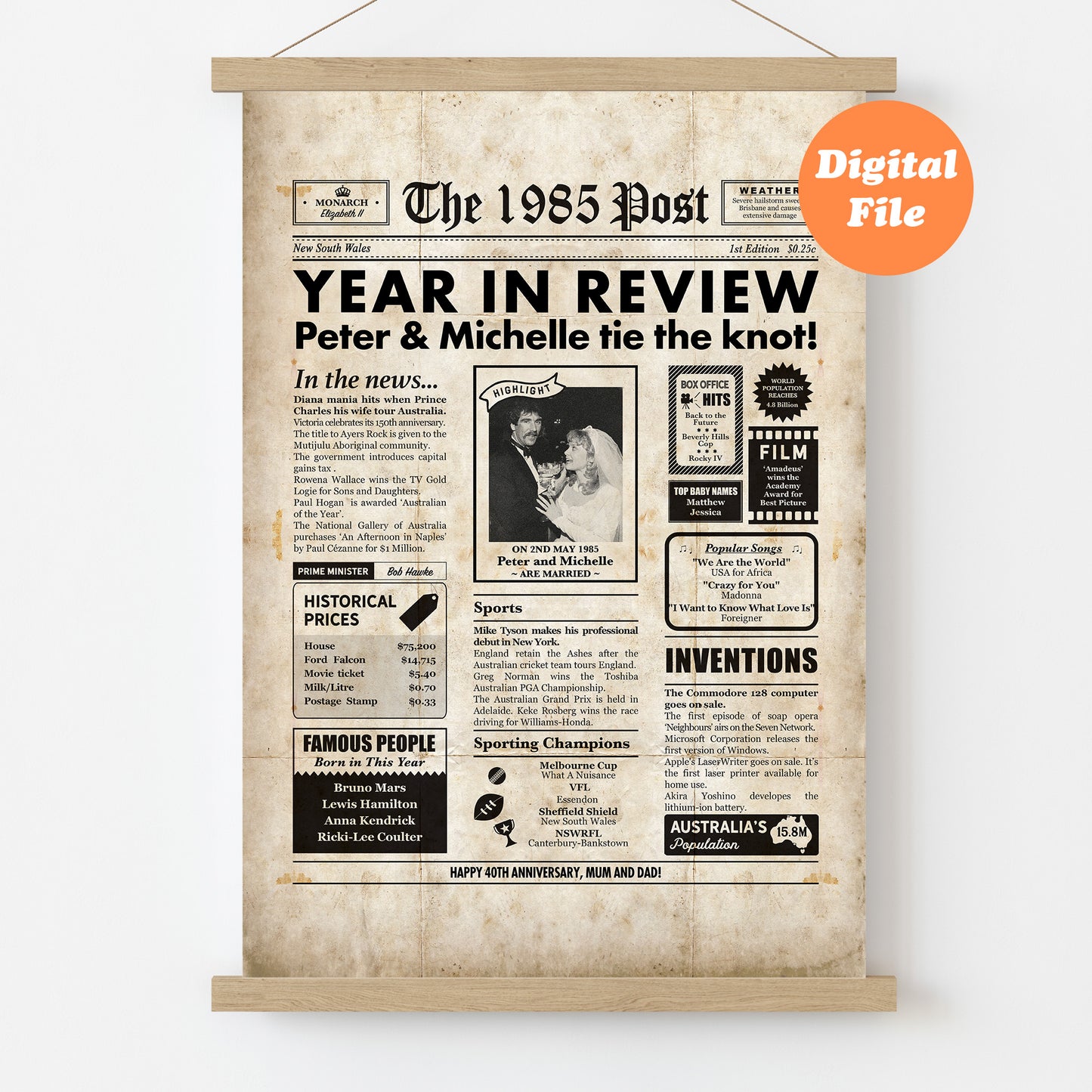 Framed newspaper-style poster with '1985 Post' design, featuring text and images on a white background.