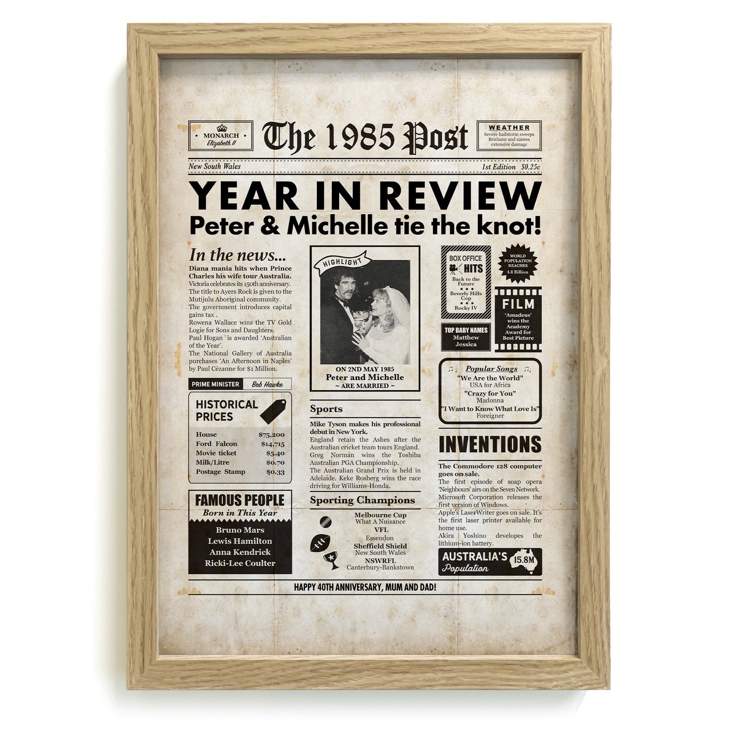 40th anniversary newspaper personalised gift in natural frame