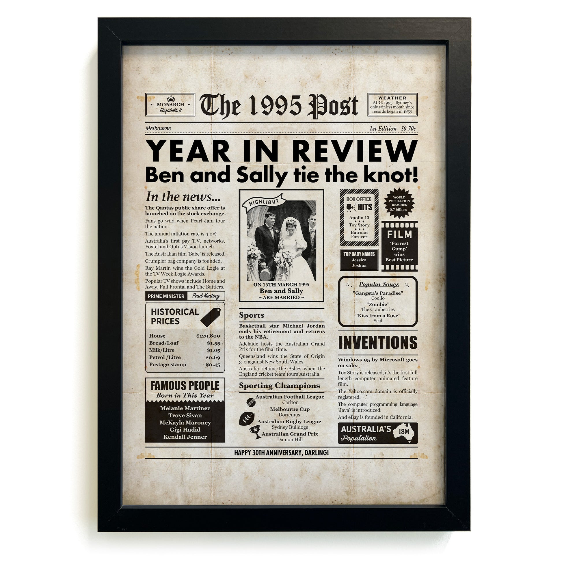 30th wedding anniversary personalised newspaper gift in black frame