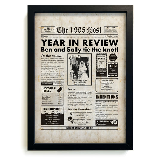 30th wedding anniversary personalised newspaper gift in black frame