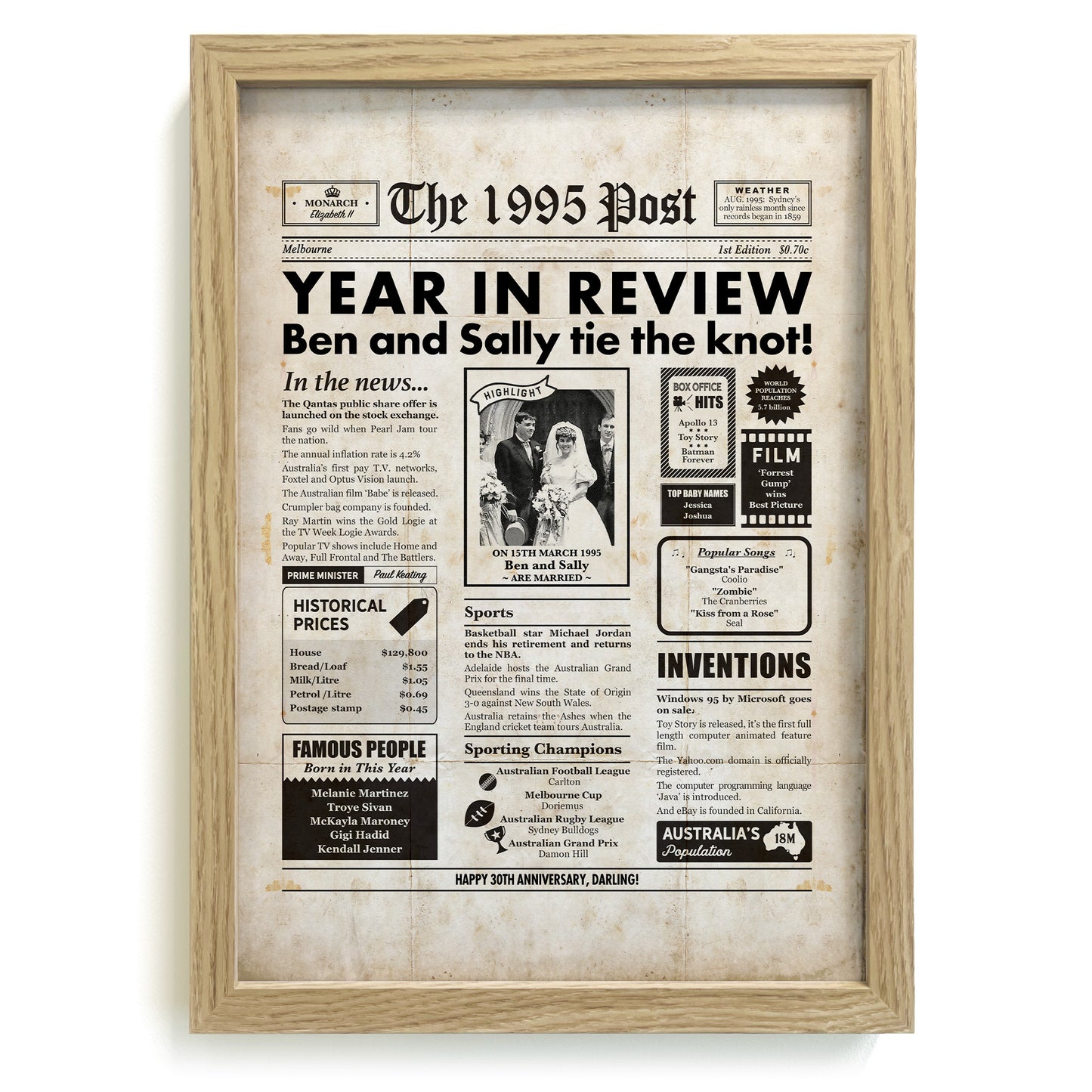 30th annviersary personalised newspaper print in natural frame