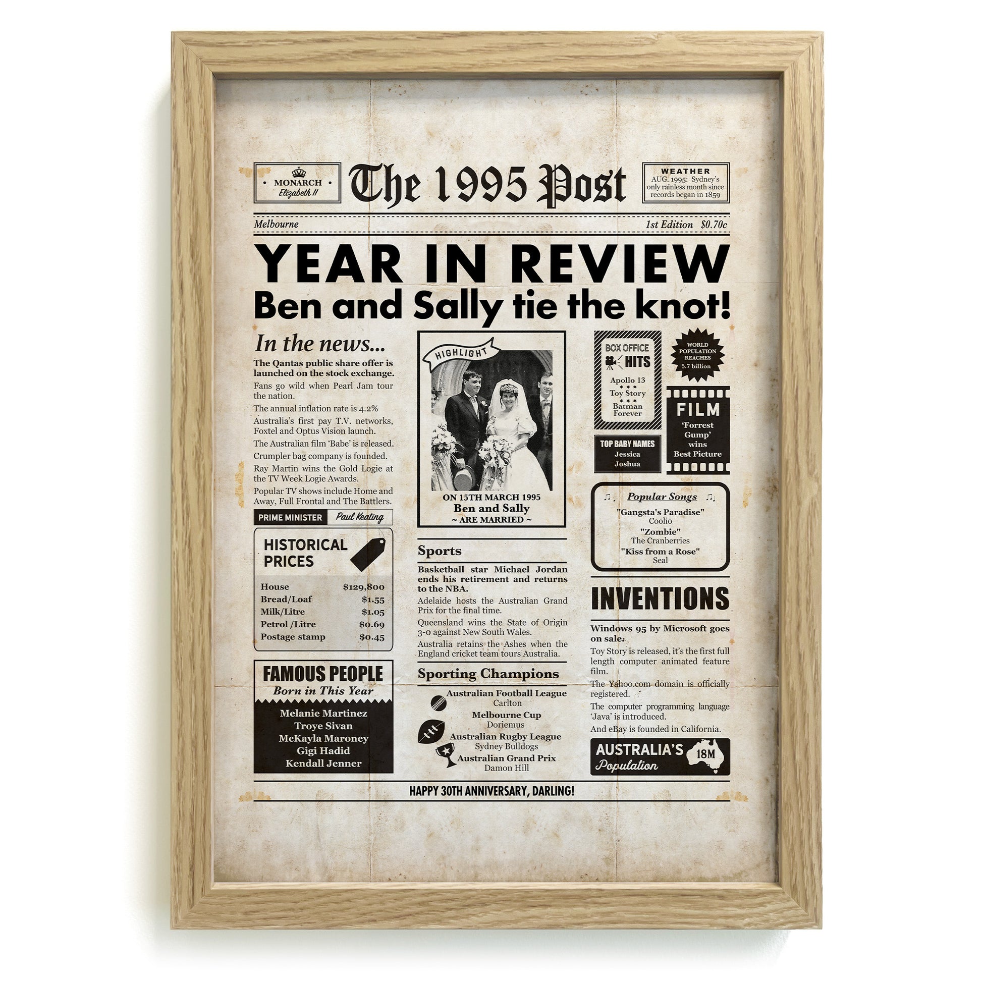 30th annviersary personalised newspaper print in natural frame