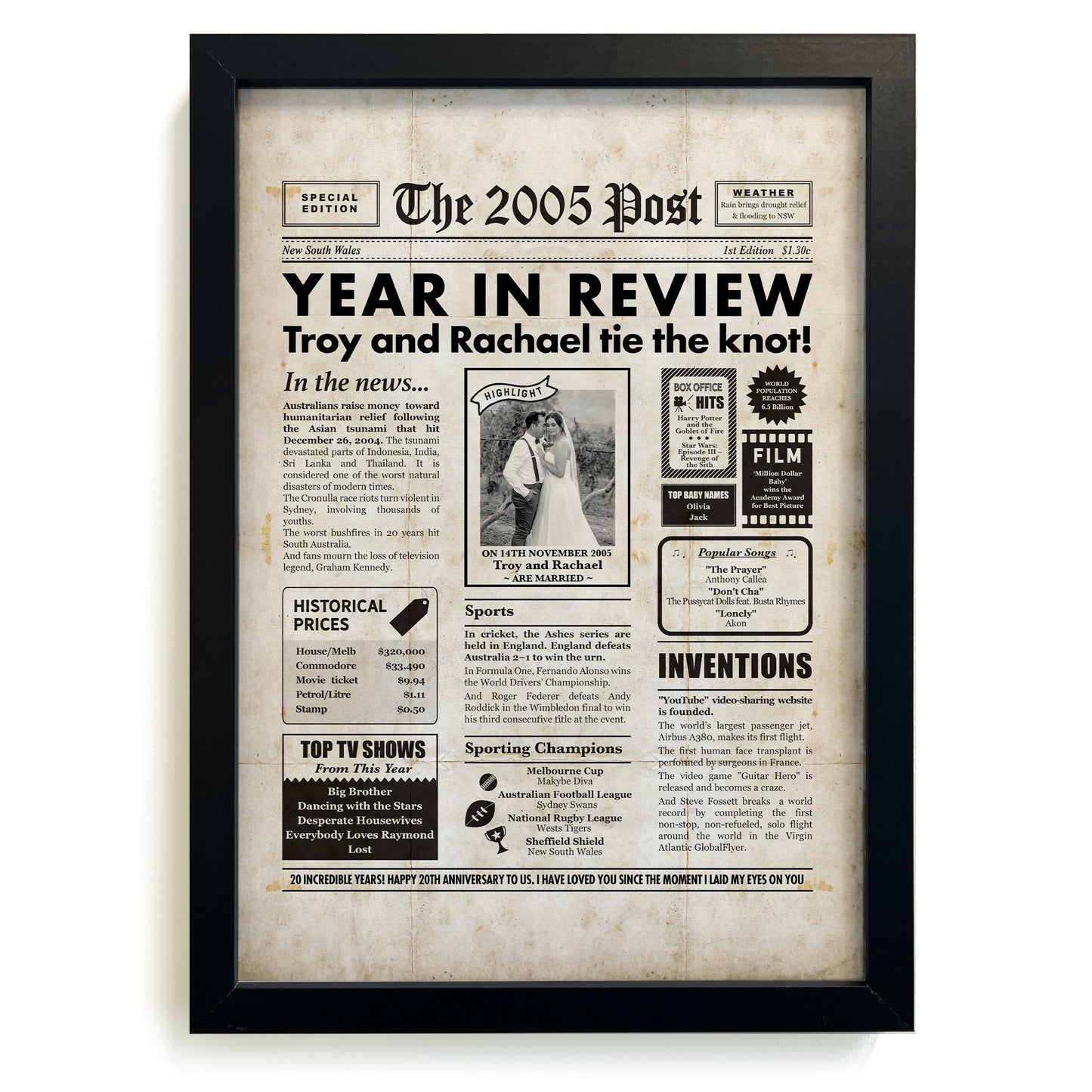Framed 2005 20th Wedding Anniversary Personalised Newspaper Gift with Australian Facts