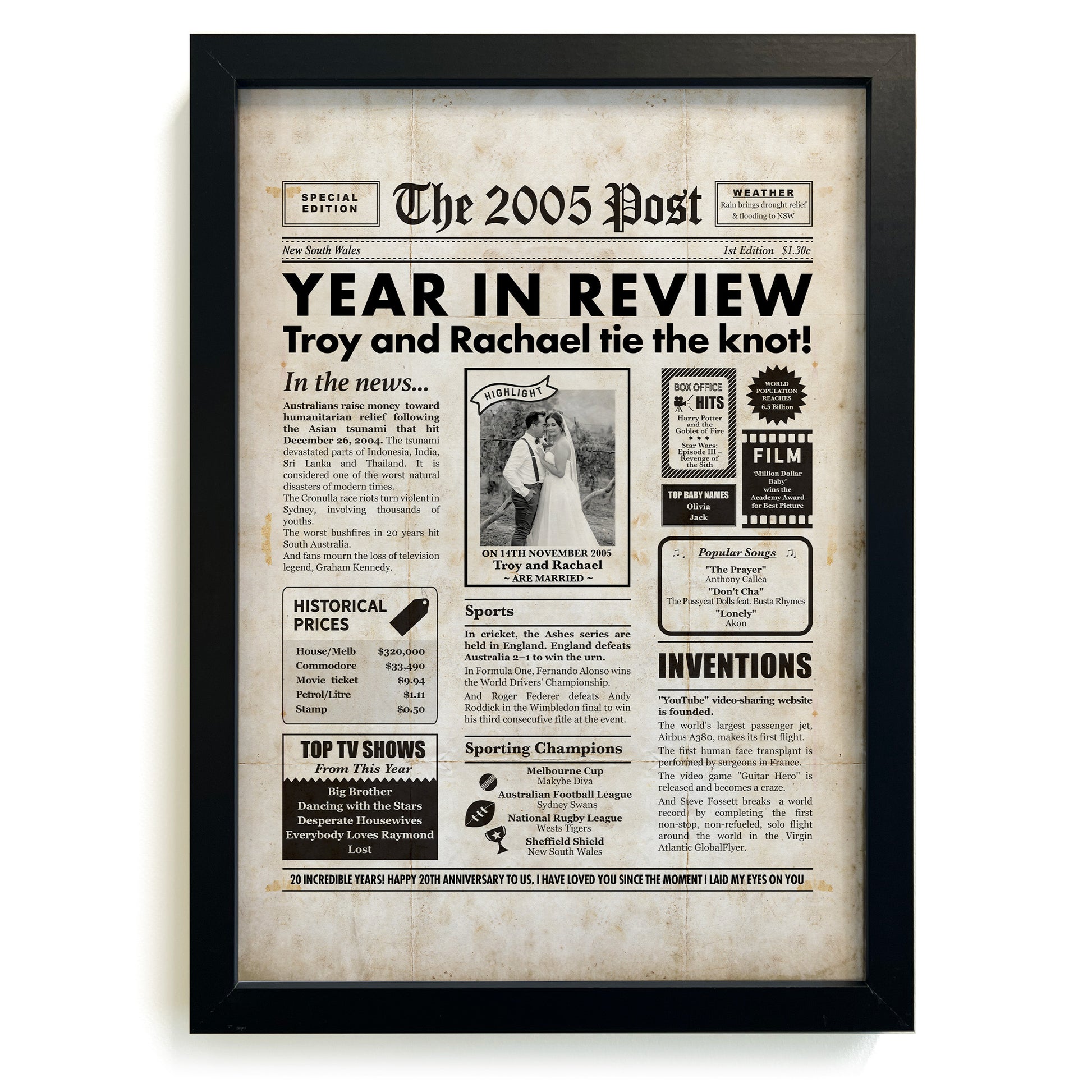 Framed 2005 20th Wedding Anniversary Personalised Newspaper Gift with Australian Facts