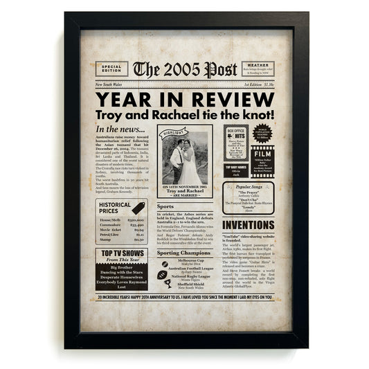 Framed 2005 20th Wedding Anniversary Personalised Newspaper Gift with Australian Facts