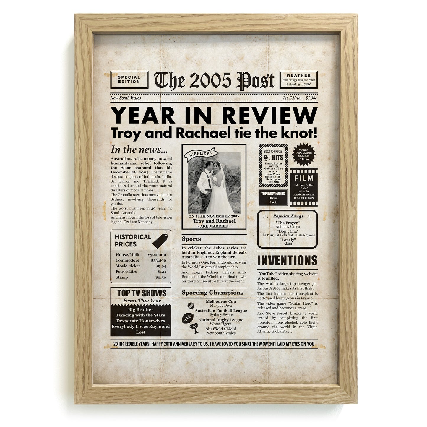 Framed 2005 20th Wedding Anniversary Personalised Newspaper Gift with Australian Facts