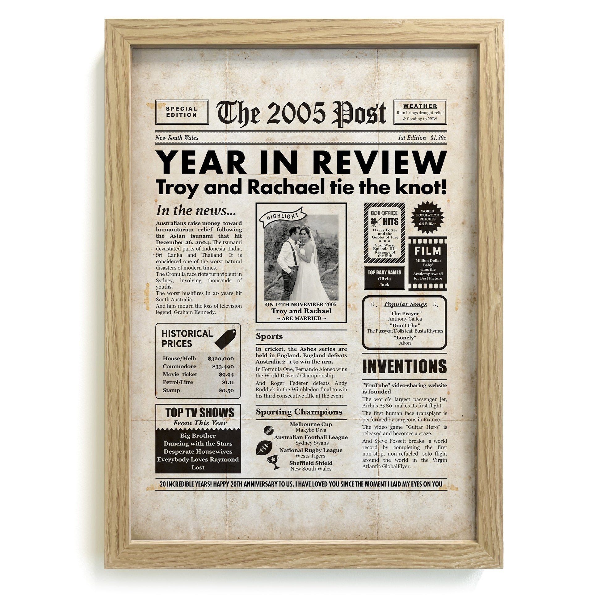 Framed 2005 20th Wedding Anniversary Personalised Newspaper Gift with Australian Facts