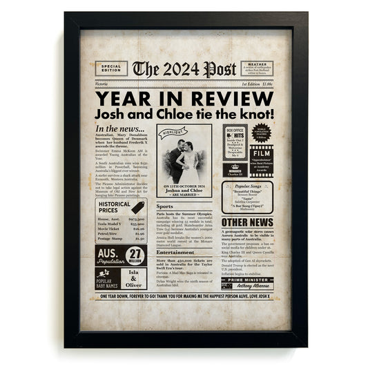 2024 1 Year Wedding Anniversary Personalised Newspaper Gift in Frame
