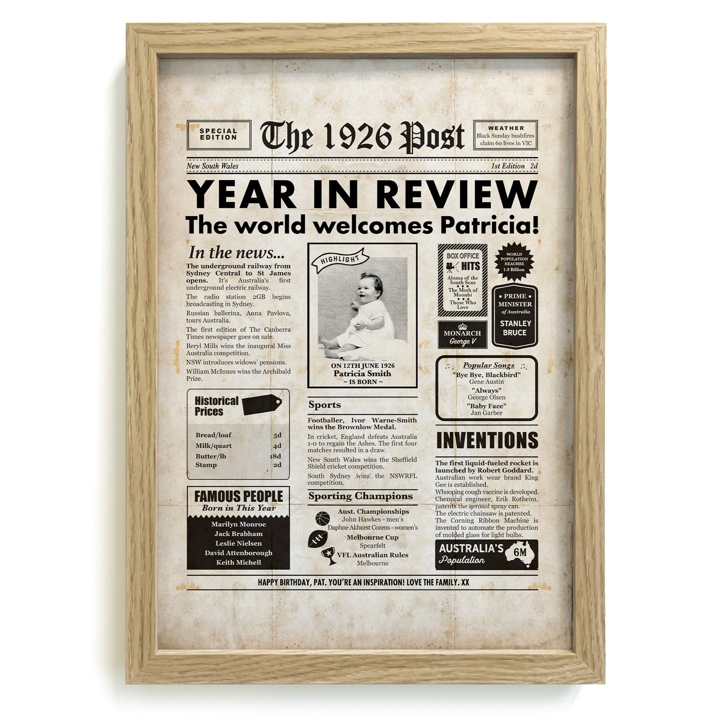 Framed 1926 99th Birthday Personalised Newspaper Gift with Australian Facts