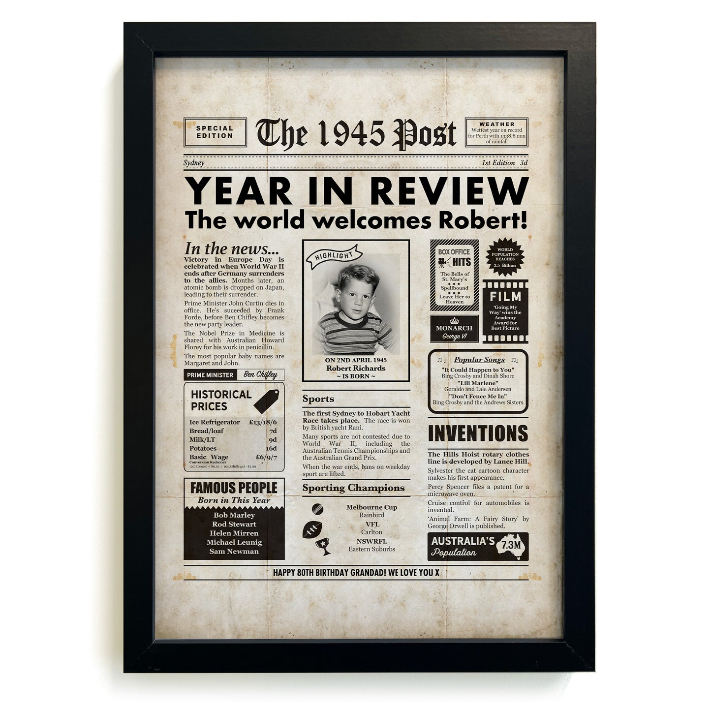 Framed 1945 80th Birthday Personalised Newspaper Gift with Australian Facts
