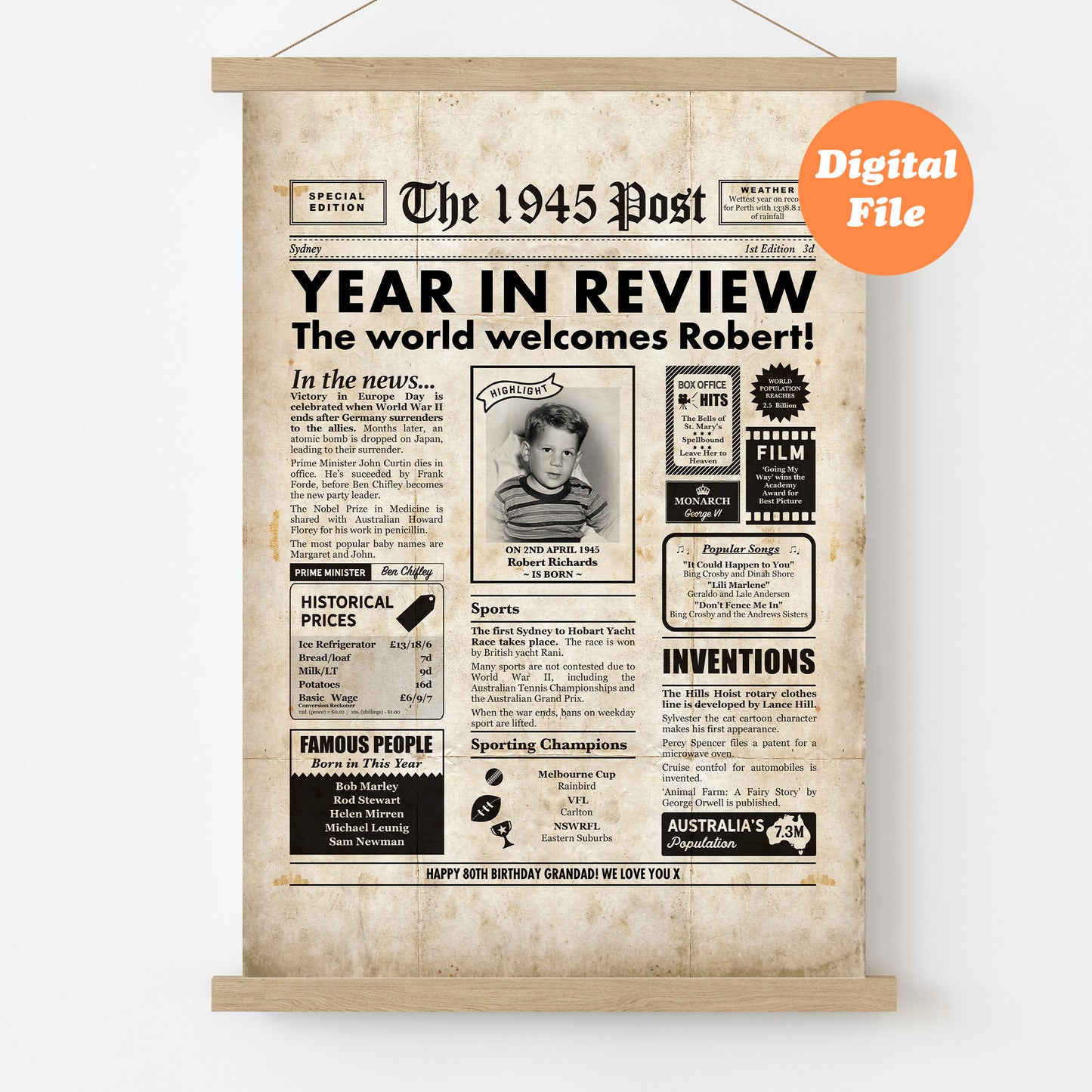 21st Birthday personalised newspaper poster about the year they were born.