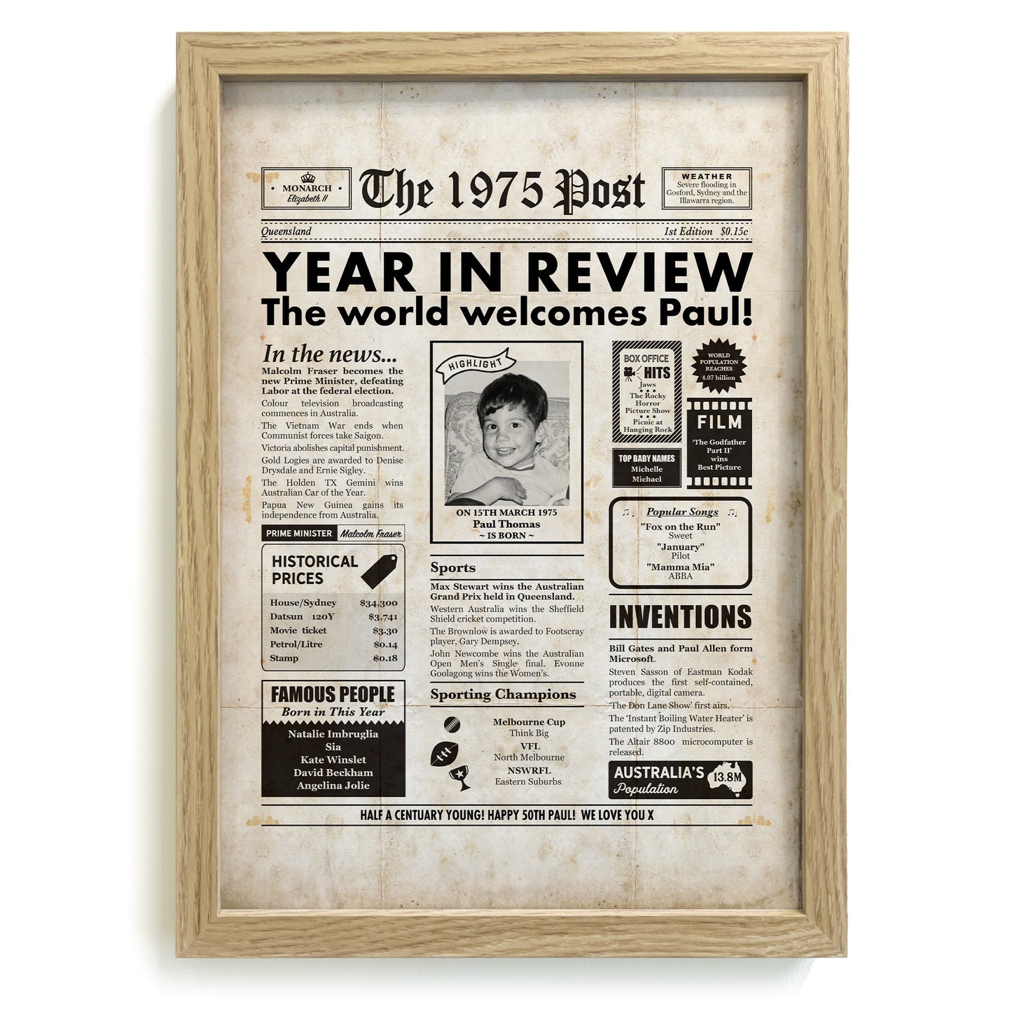 50th Birthday 1975 Personalised Newspaper Gift in Frame