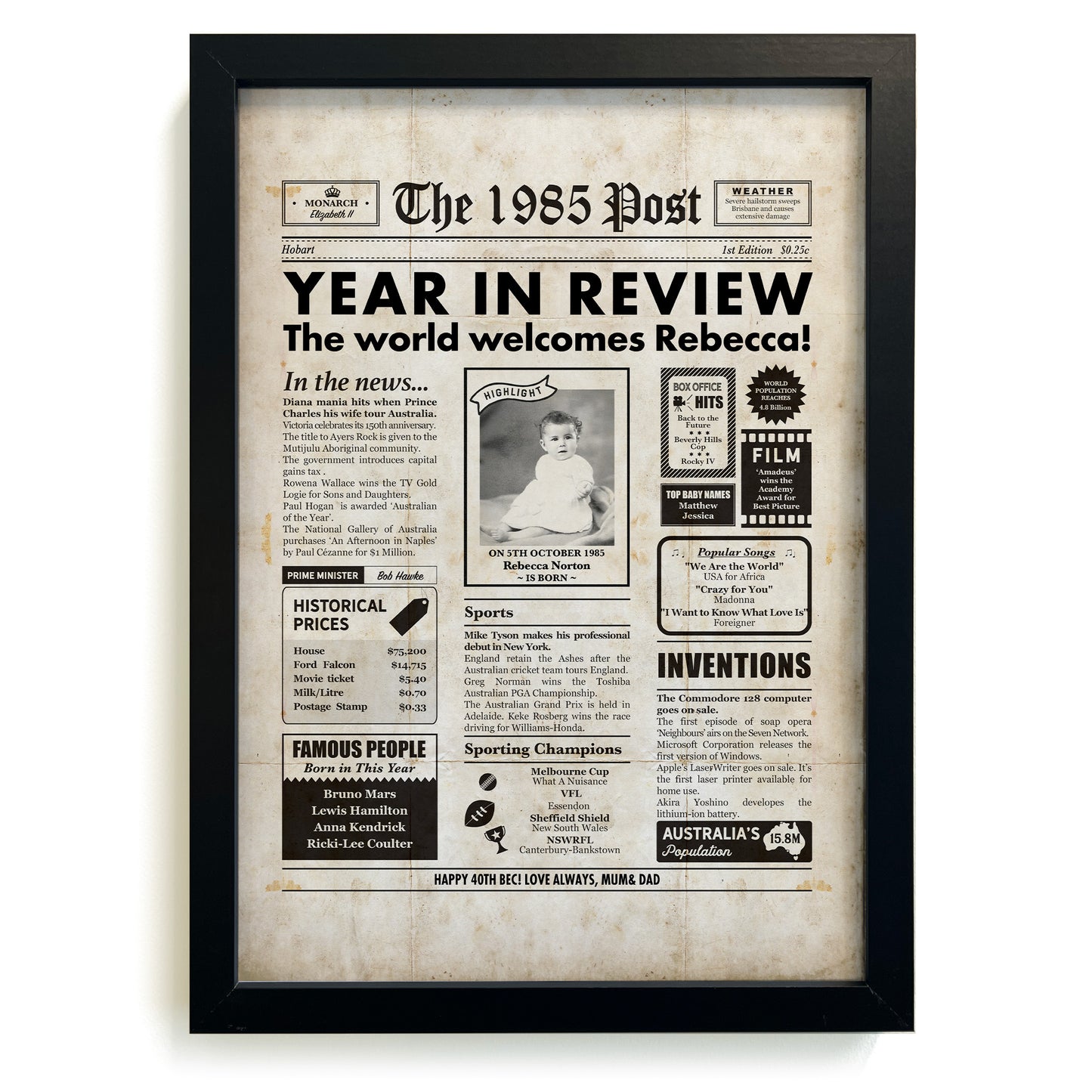 40th Birthday 1985 Personalised Newspaper Gift in Frame
