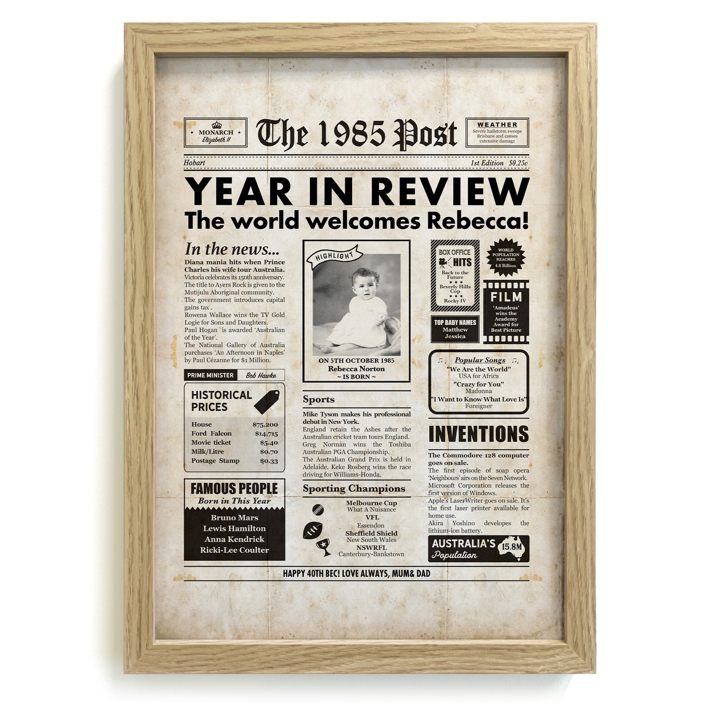 40th Birthday 1985 Personalised Newspaper Gift in Frame