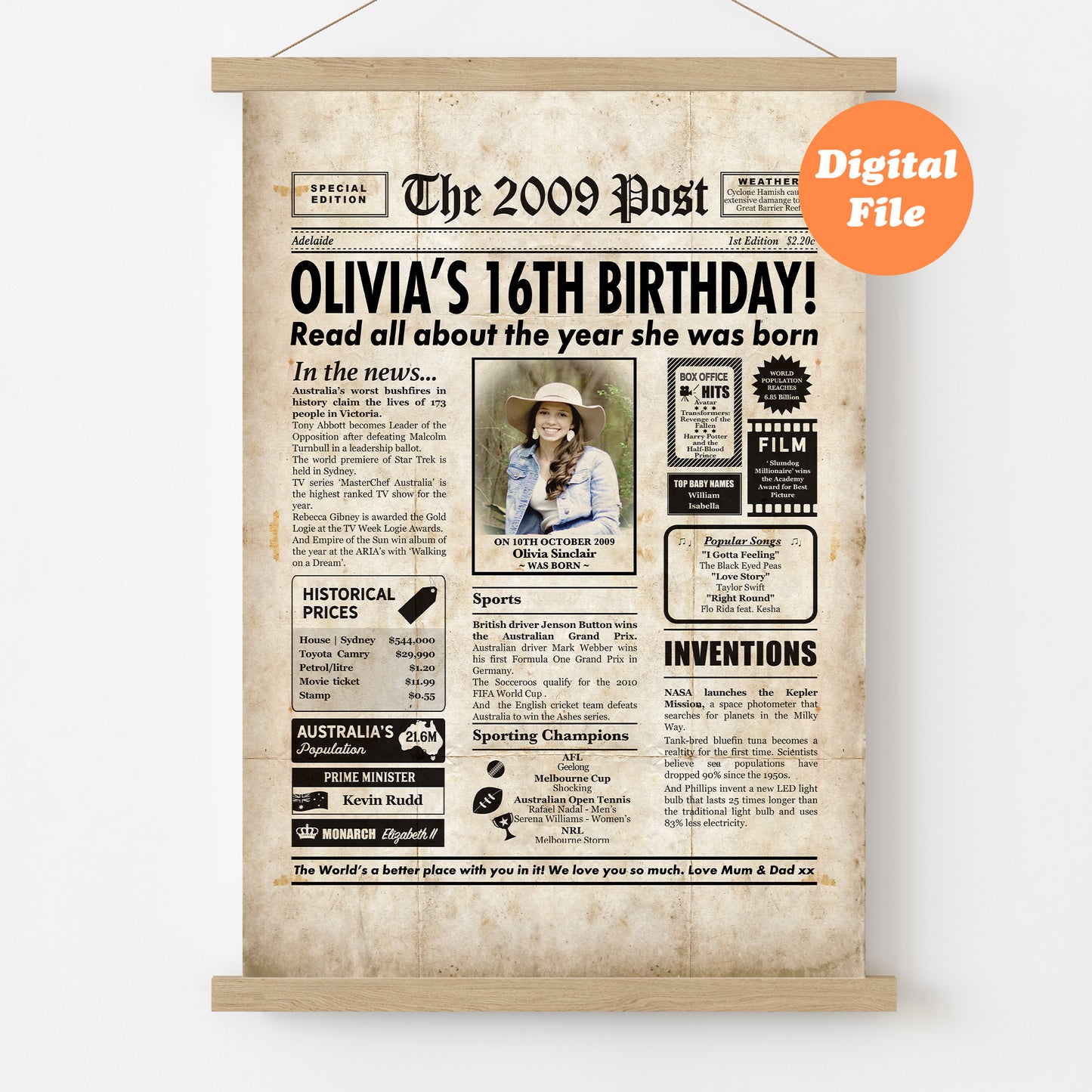 16th Birthday Digital Newspaper personalised newspaper poster gift about the year they were born.