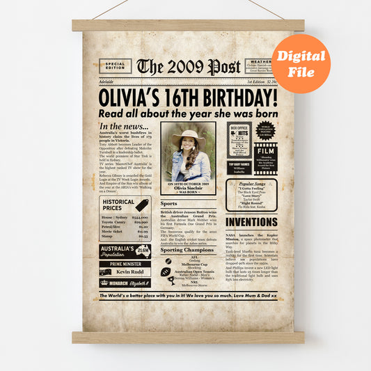 16th Birthday Digital Newspaper personalised newspaper poster gift about the year they were born.