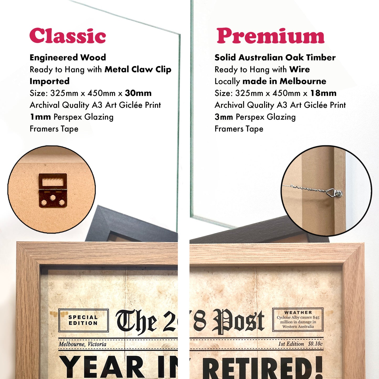 Framed newspaper print with two framing options, Classic and Premium, displaying archival quality and nostalgic typography.