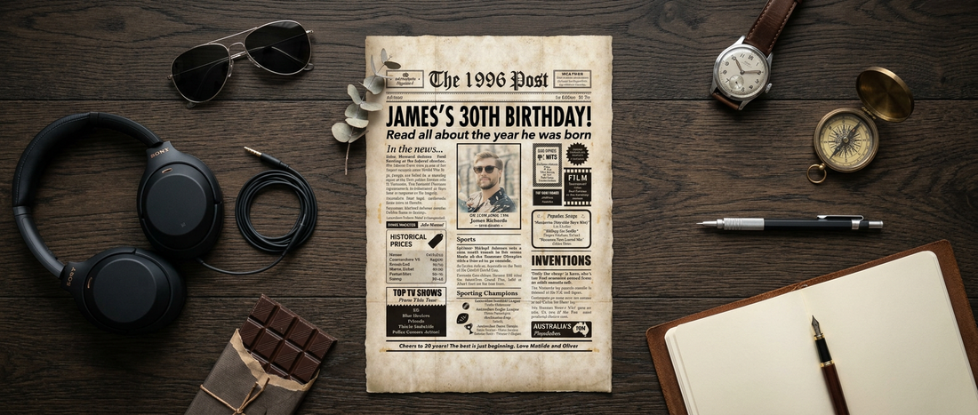 30th Birthday Newspaper featuring man on a dark wooden table with sunglasses and notebook and vintage objects