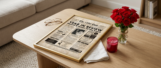 Personalised 40th wedding anniversary newspaper print in a black frame, styled on a side table with red roses and a ruby-toned candle