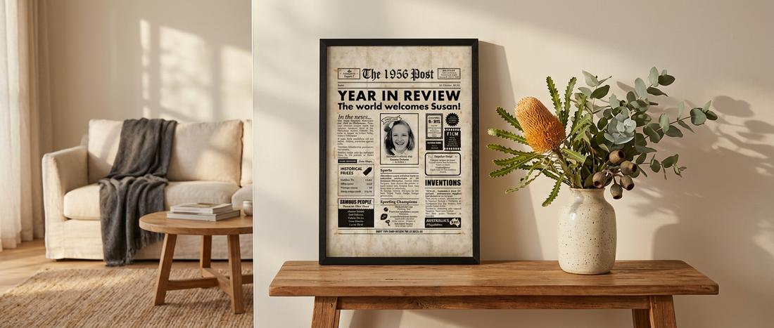 Framed 70th birthday gift print styled with native Australian botanicals in a Melbourne living room