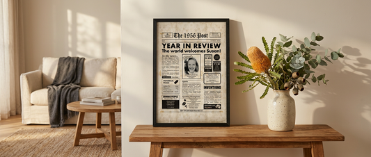 Framed 70th birthday gift print styled with native Australian botanicals in a Melbourne living room