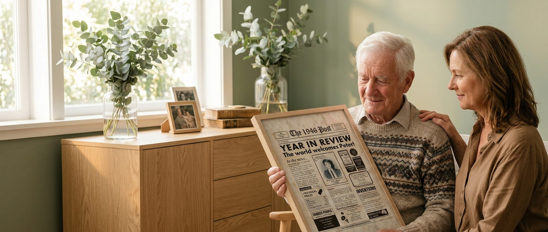 An elderly man receiving a personalised framed newspaper print as an 80th birthday gift, shared with his daughter in a warm Australian home setting.