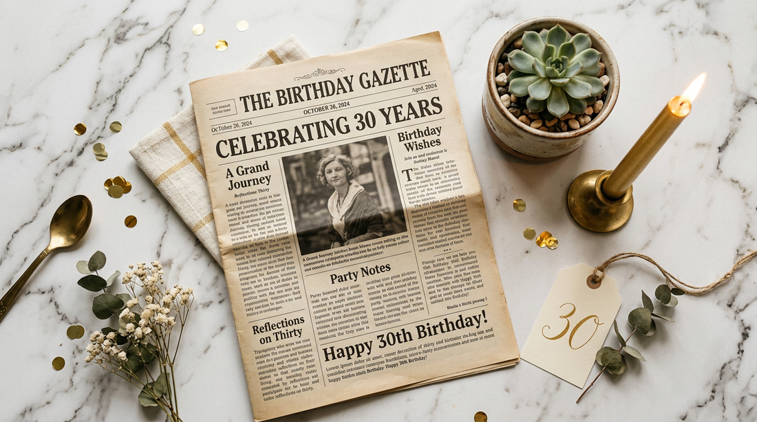 A personalised 30th birthday newspaper gift laid out in a flat-lay with candles and greenery — unique milestone gift ideas for Australians turning 30