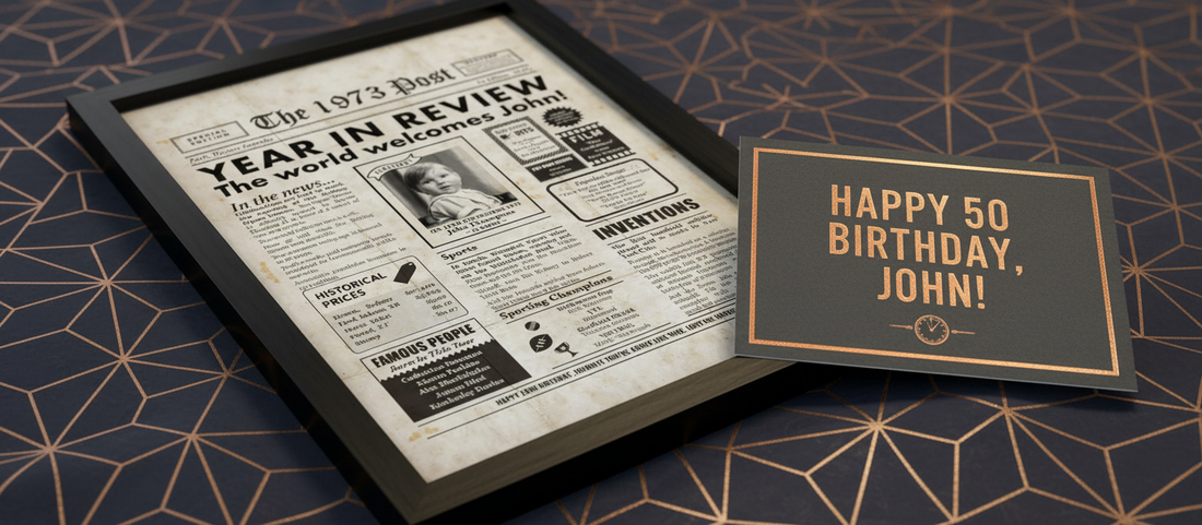 Australian 50th birthday newspaper in black frame with birthday card for a man laying on it.