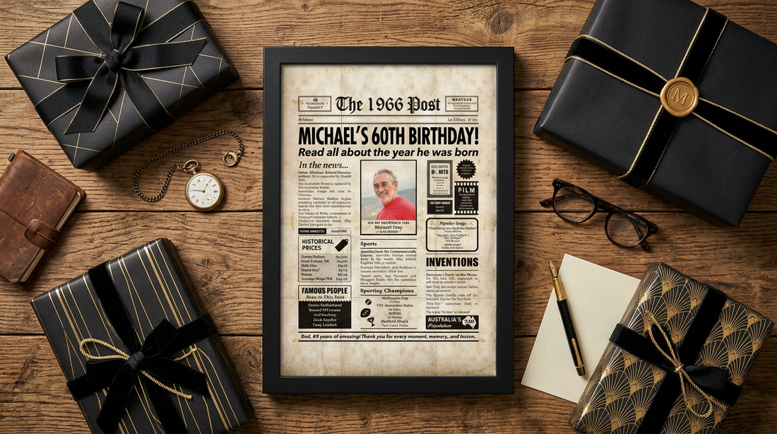 60th birthday newspaper in black frame surrounded by birthday gifts