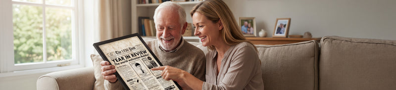 Grandfather and daughter looking at a birthday newspaper