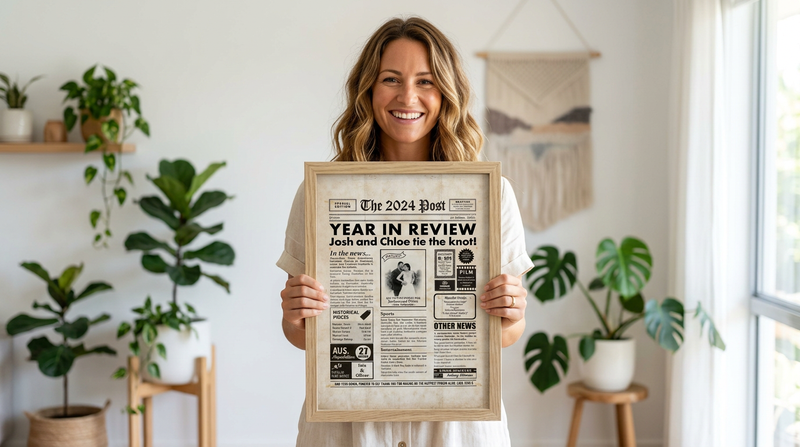 Personalised newspaper poster framed and displayed as a milestone birthday gift in Australia