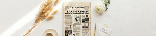 An Australian personalised anniversary newspaper poster — paper anniversary gift next to anniversary note, coffee and rose