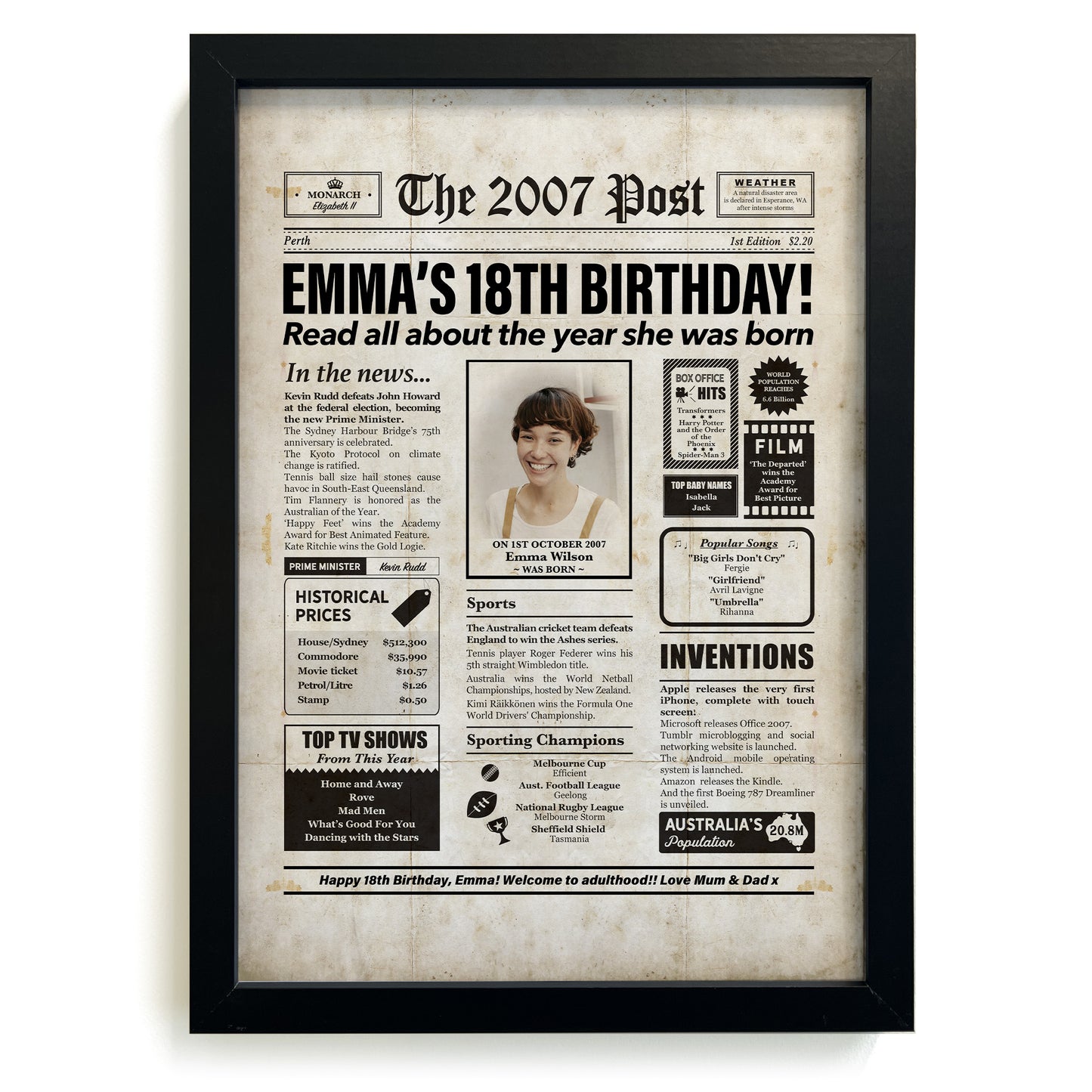 Framed 2007 18th Birthday Personalised Newspaper Gift with Australian Facts